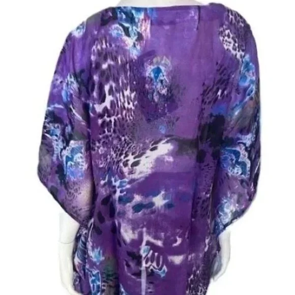 Joan Boyce Purple Printed Chiffon Tunic V-Neck w/Silver Beaded Trim Missy NWT$99 - Picture 3 of 13